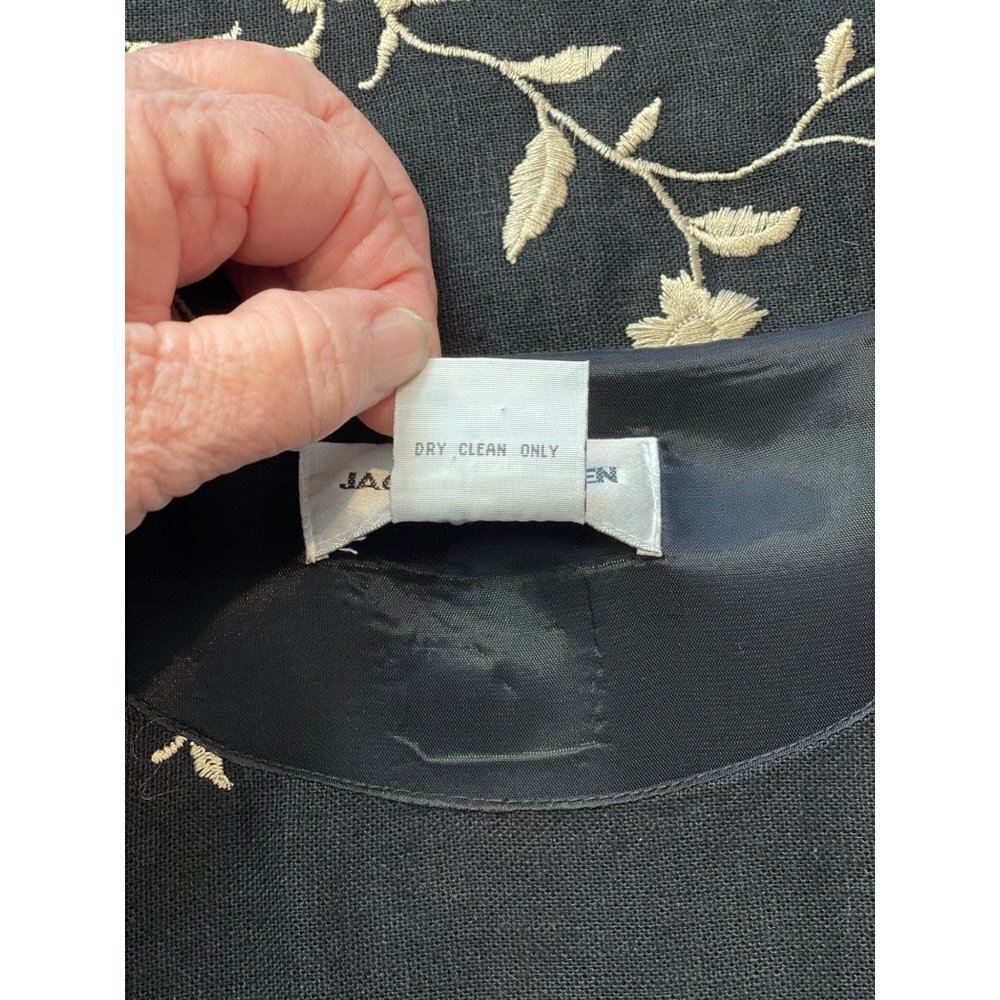 Vintage JACK MULQUEEN NY Women's Size 14 Black Linen Sheath Dress Tan Embroidery - Picture 5 of 8